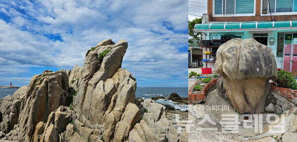 주문진등대에서 내려오면 바닷가 바위가 예사롭지 않다. 장군바위와 노귀바위는 바닷가 도로 개설 이후 옹색한 모습이지만 여전히 그 품위를 완전히 잃지는 않았다. 사진=오근식 객원위원