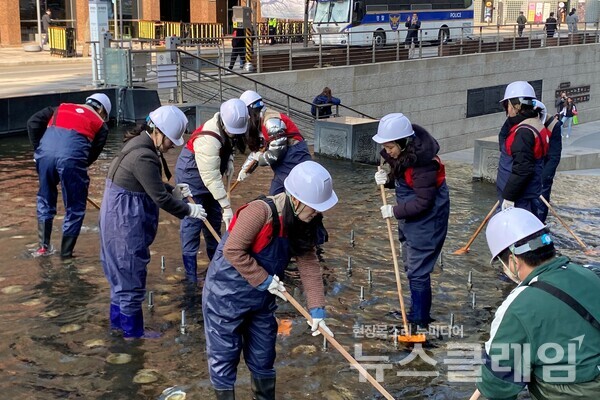 서울 중구에 위치한 청계천의 바닥 퇴적물을 제거하고 있는 롯데마트와 슈퍼 임직원 모습. 롯데쇼핑 제공