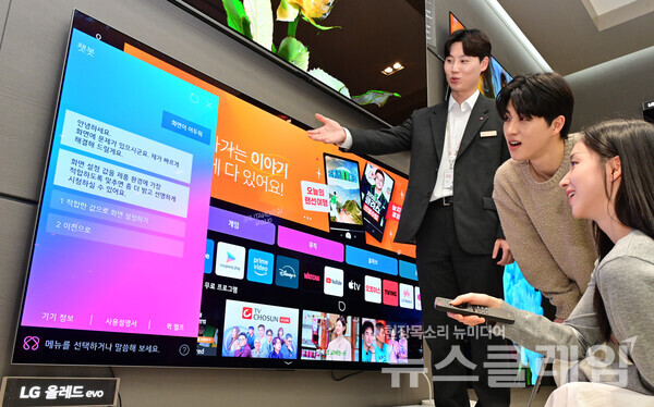 모델이 TV 사용 중 문의 사항이나 문제 발생 시 원인을 분석하고 해결 방법을 제시하는 ‘AI 챗봇’ 기능을 체험하는 모습. LG전자 제공