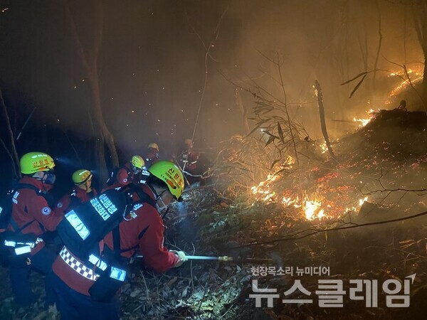 밤샘 산불 진화를 하고 있는 산림대원 모습. 사진=산림청