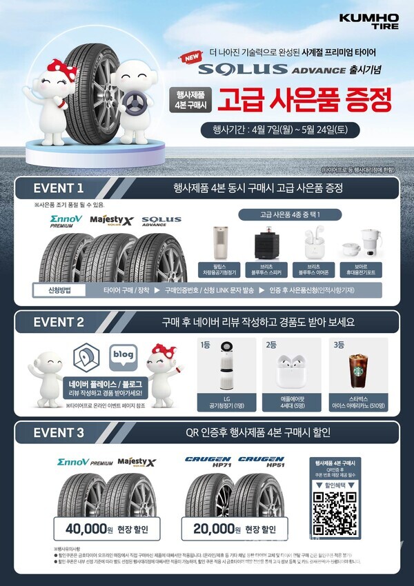 금호타이어(대표 정일택)는 신제품 ‘솔루스 어드밴스(SOLUS ADVANCE)’ 출시를 기념해 내달 24일까지 이벤트를 실시한다고 7일 밝혔다. 금호타이어 제공
