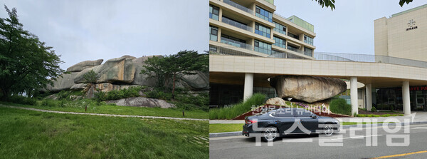 영랑호 주변에서 가장 널리 알려진 범바위다. 영랑호에는 이러한 바위들이 꽤 많이 보이는데 어느 공동주택은 건설공사를 하며 이러한 바위를 제거하지 않고 품었다. 사진=오근식 객원위원