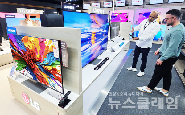 독일 프랑크푸르트 지역에 위치한 가전 매장인 미디어 마크트(Media Markt) 직원이 고객에게 LG QNED TV의 AI 기능에 대해 설명하고 있다.  LG전자 제공