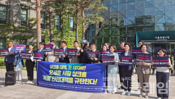 30일 오전 서울시청 광장에서 열린 '싱크홀 사고 사과 요구 및 복붙 안전대책 규탄 기자회견'. 사진=김동길 기자