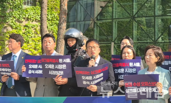 30일 오전 서울시청 광장에서 열린 '싱크홀 사고 사과 요구 및 복붙 안전대책 규탄 기자회견'. 사진=김동길 기자