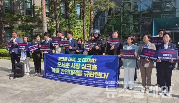 30일 오전 서울시청 광장에서 열린 '싱크홀 사고 사과 요구 및 복붙 안전대책 규탄 기자회견'. 사진=김동길 기자