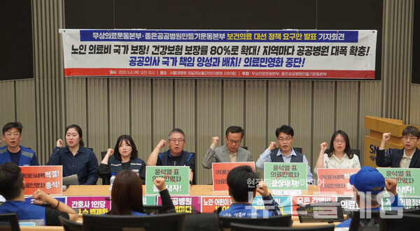 8일 오전 서울대병원 제일제당홀에서 개최된 '보건의료 대선 정책 요구안 발표 기자회견'. 사진=무상의료운동본부