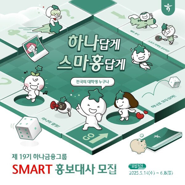 하나금융그룹(회장 함영주)은 ‘제19기 하나금융그룹 SMART 홍보대사’를 내달 8일까지 모집한다고 14일 밝혔다. 하나금융그룹 제공