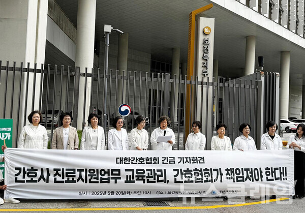 20일 오전 보건복지부 세종청사 앞에서 열린 대한간호사협회 긴급 기자회견. 대한간호사협회 제공