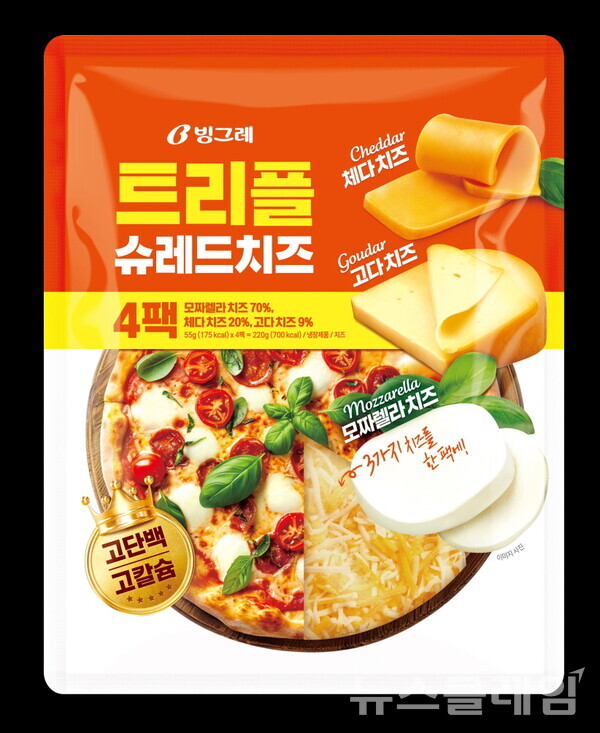 빙그레(사장 김동환)가 3가지 대표 치즈를 황금비율로 조합한 ‘트리플 슈레드 치즈’를 출시했다. 빙그레 제공
