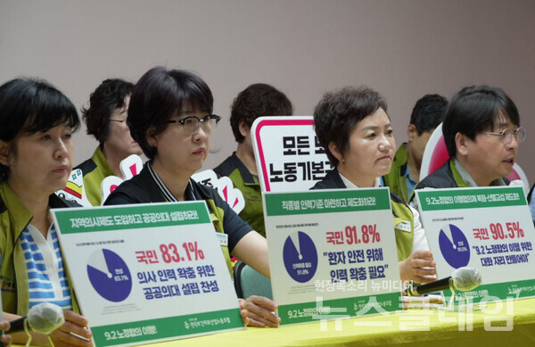 9일 오전 보건의료노조 생명홀에서 진행된 '산별총파업 동시 쟁의조정신청 보고 및 향후 계획 발표 기자회견'. 사진=보건의료노조