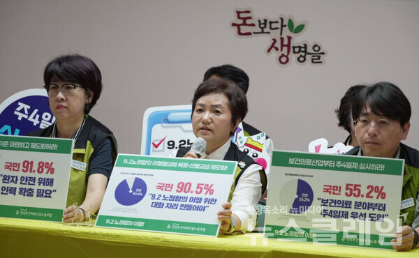 9일 오전 보건의료노조 생명홀에서 진행된 '산별총파업 동시 쟁의조정신청 보고 및 향후 계획 발표 기자회견'. 사진=보건의료노조