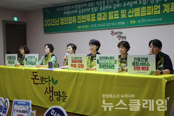 18일 오전 보건의료노조 생명홀에서 열린 '2025년 쟁의행위 찬반투표 결과 및 산별총파업 계획 발표 기자회견'. 사진=보건의료노조