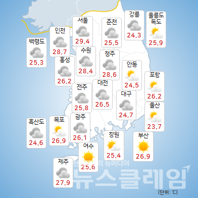 31일인 목요일 남부지방은 대체로 맑겠고, 중부지방과 제주도는 가끔 구름이 많겠다. 기상청 일기예보. 사진=기상청