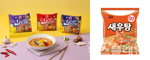 농심(대표 이병학), 오뚜기(대표 황성만) 등이 소비자 호응에 힘입어 한정판에서 정식 발매로 이어진 라면 제품이 선보이고 있다. 농심·오뚜기 제공 