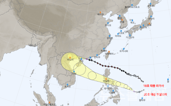 초강력 태풍 라가사가 대만을 휩쓸어 도로와 마을이 홍수로 잠기고 차량과 다리가 물살에 파손됐다. 24일 오후 5시 기준 태풍 라가사 경로. 사진=기상청