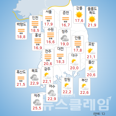 기상청 일기예보에 따르면 26일 아침까지 중부내륙과 인천·경기서해안, 경북중·북부내륙을 중심으로 짙은 안개가 끼는 곳이 있겠다. 사진=기상청