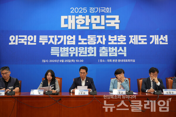 25일 오전 더불어민주당 당 대표 회의실에서 열린 '더불어민주당 외국인 투자기업 노동자 보호 제도 개선 특위 출범식'. 사진=금속노조