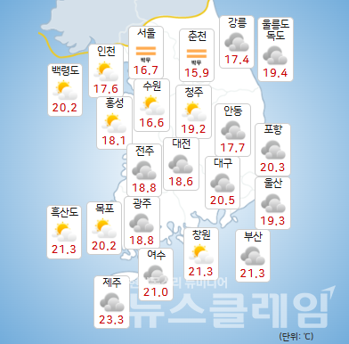 기상청 일기예보에 따르면 29일 중부지방은 가끔 구름이 많겠고, 아침까지 경기내륙과 강원내륙에 짙은 안개가 끼는 곳이 있겠다. 사진=기상청
