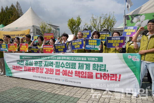 29일 오후 서울 여의도 국회 앞에서 열린 '보건의료분야 2025년 국정감사 및 새정부 입법,정책,예산 요구과제 발표 기자회견'. 사진=보건의료노조