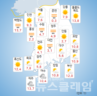 기상청 일기예보에 따르면 '2026학년도 수학능력시험일'인 13일은 오전까지 서쪽 지역을 중심으로 짙은 안개가 끼는 곳이 있겠고, 낮 기온은 평년보다 높겠다. 사진=기상청