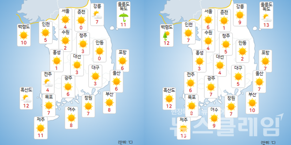 기상청 일기예보에 따르면 15일 토요일은 전국이 대체로 맑겠고, 16일 일요일은 전국이 대체로 맑다가 저녁에 서쪽 지역부터 차차 흐려지겠다. 사진=기상청