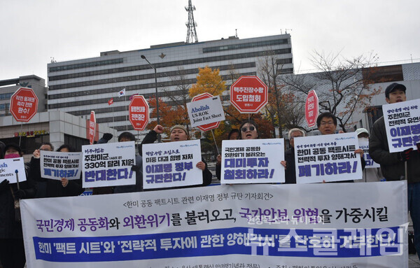17일 오전 서울 용산 대통령실 앞에서 개최된 '한미 팩트 시트 관련 이재명 정권 규탄 기자회견'. 사진=평통사