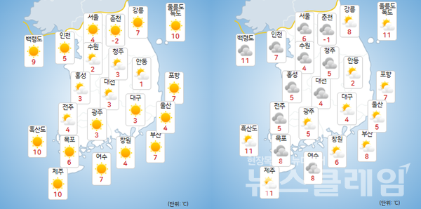기상청 일기예보에 따르면 22일은 일부 중부내륙, 23일에는 일부 강원내륙·산지를 중심으로 아침 기온이 영하권에 들겠다. 사진=기상청